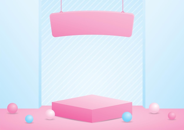 Cute girly pink product display podium with hanging sign on sweet pastel blue backdrop