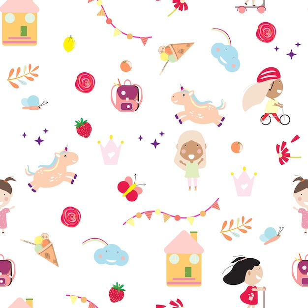 Cute girly seamless pattern with children houses backpack unicorns flowers ice cream crowns