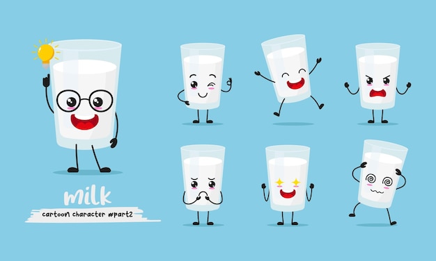 Simpatico cartone animato di un bicchiere di latte con molte espressioni insieme di illustrazioni vettoriali di posa di diverse attività