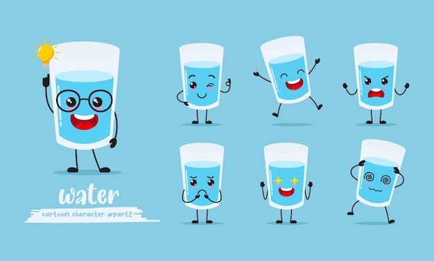 cute glass of water cartoon with many expressions different activity pose vector flat design