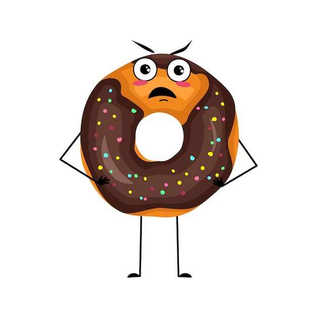 Vector cute glazed donut character with angry emotions grumpy face furious eyes arms and legs irritated man...