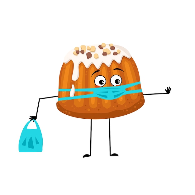 Cute glazed muffin character with sad emotions face and mask keep distance hands with shopping bag a...