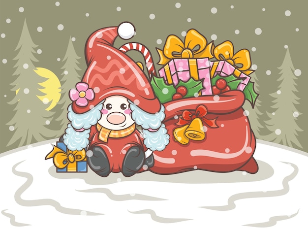 cute gnome girl holding a gift box on Christmas illustration