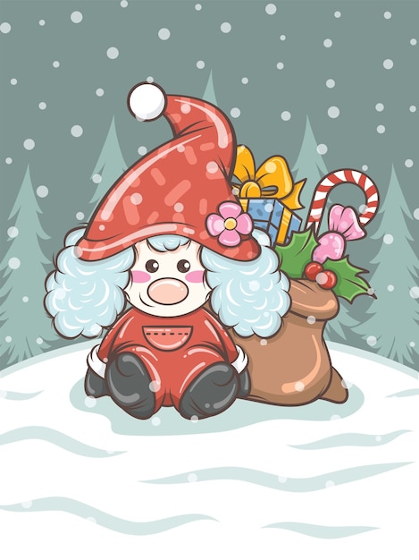 cute gnome girl with gift sack on Christmas illustration