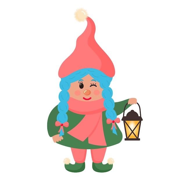 Cute gnome girl with lantern. New Year character.