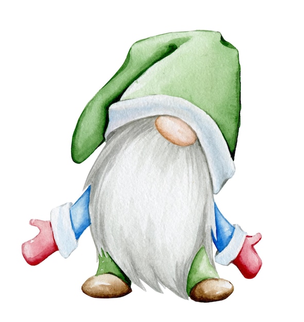 Vector cute gnome in a green hat with a white beard a scandinavian kindred hero in a cartoon style on an isolated background