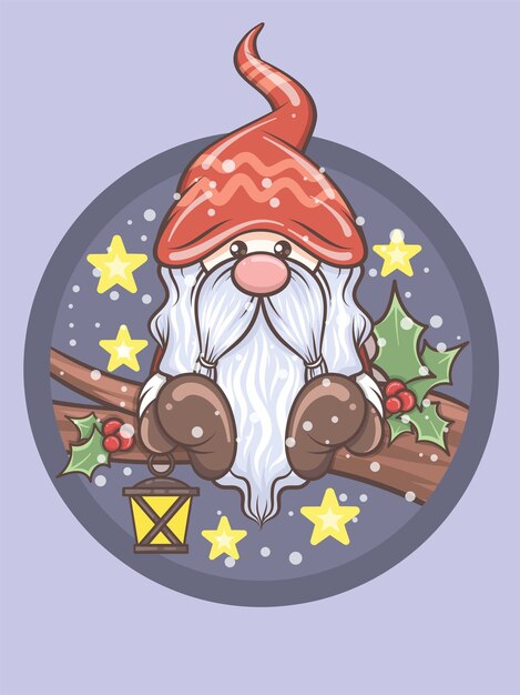 Cute gnome holding solar lantern - christmas illustration