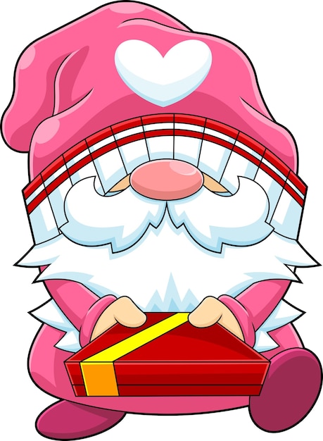 Vector cute gnome lover cartoon character holding a gift box. vector hand drawn illustration