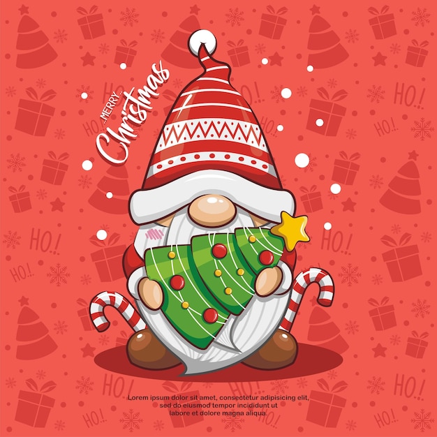 Vector cute gnome santa claus with christmas tree and candy cane on seamless background