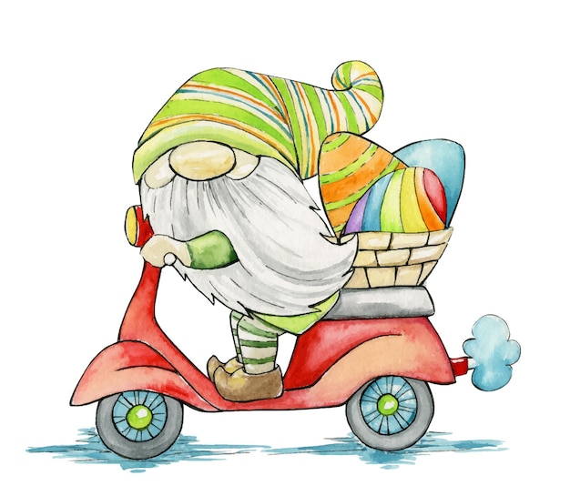 Simpatico gnomo, scooter, uova di pasqua. clipart ad acquerello, in stile cartone animato