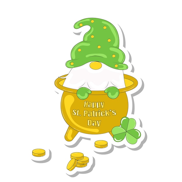 Cute gnome sitting in gold pot st patrick's day illustration