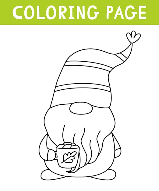 Cute gnome with cup of cocoa with marshmallows coloring page thanksgiving day printable worksheet