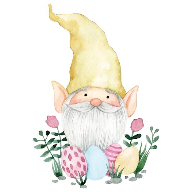cute gnome with easter eggs and flowers watercolor drawing on the theme of Easter