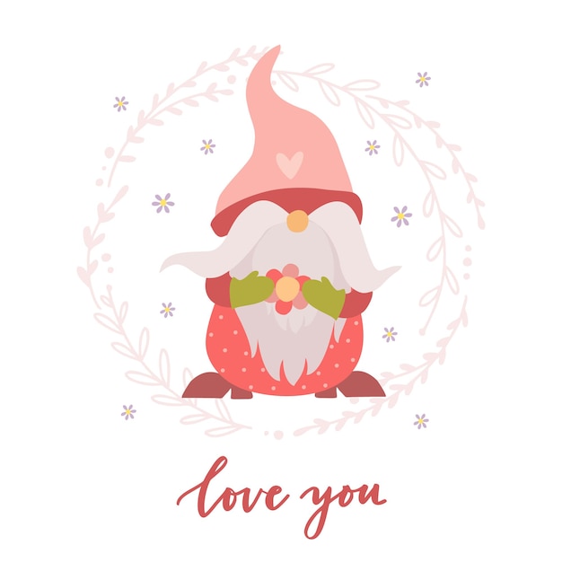 Vector cute gnome with flower