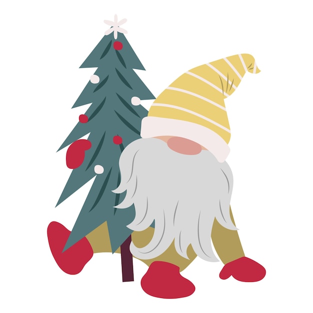 Cute gnome in yellow striped hat Scandinavian cartoon character with Christmas tree Fairy tale dwarf