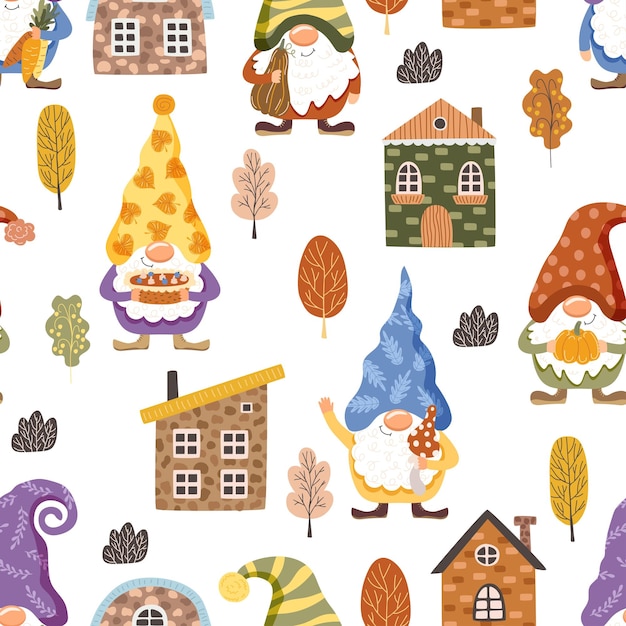 Vector cute gnomes and houses seamless pattern vector illustration