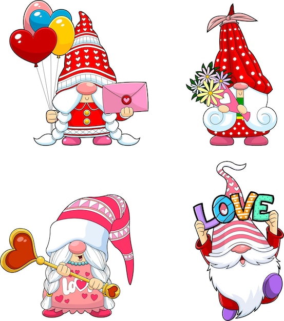 Cute Gnomes Lover Cartoon Characters In Different Poses. Vector Hand Drawn Collection Set