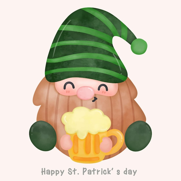 Illustrazione della birra della holding dell'acquerello degli gnomi svegli per il fumetto di kawaii di giorno di san patrizio