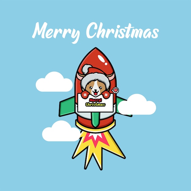 Vector cute goat celebrating christmas on a flying rocket