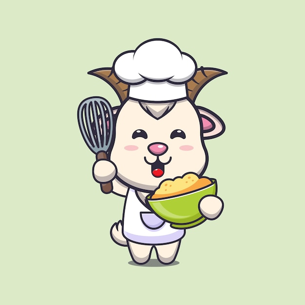 cute goat chef mascot cartoon character with cake dough