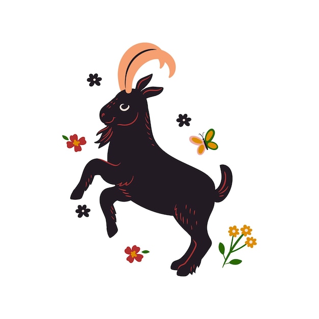 Cute goat and flowers isolated on white background Vector graphics