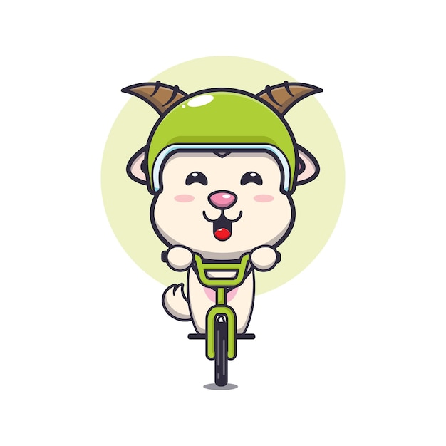 자전거를 타고 귀여운 염소 마스코트 만화 캐릭터