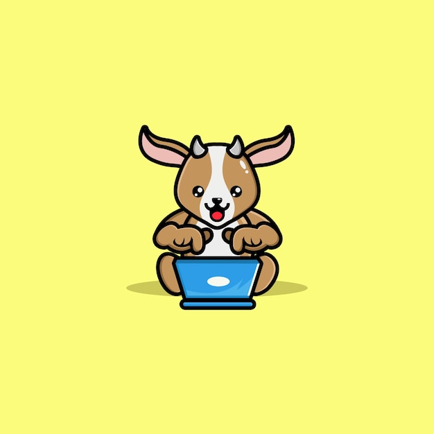 Cute goat operating laptop cartoon illustration