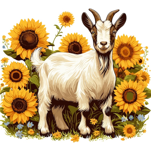 Cute Goat and Sunflowers cartoon Vector Style white background