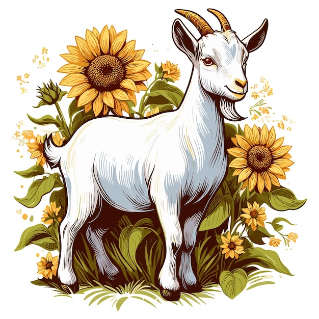 Vector cute goat and sunflowers cartoon vector style white background