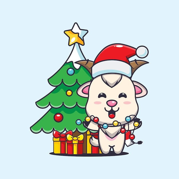 Симпатичная коза с рождественской лампой. Милая иллюстрация рождественского мультфильма.