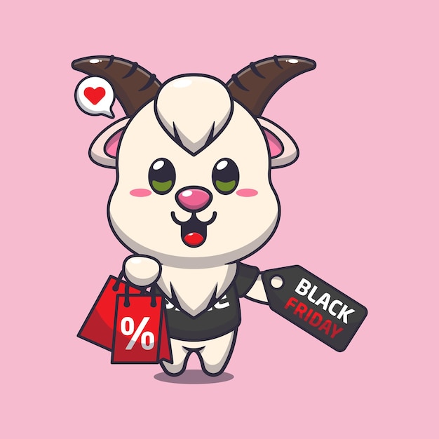Vector cute goat with shopping bag and black friday sale discount cartoon vector illustration