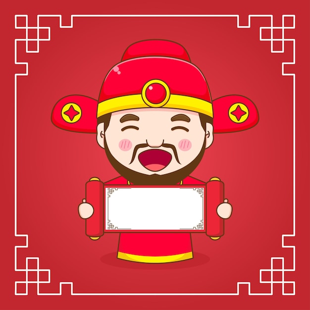 Cute god of wealth holding empty paper cartoon character with chinese ornament frame