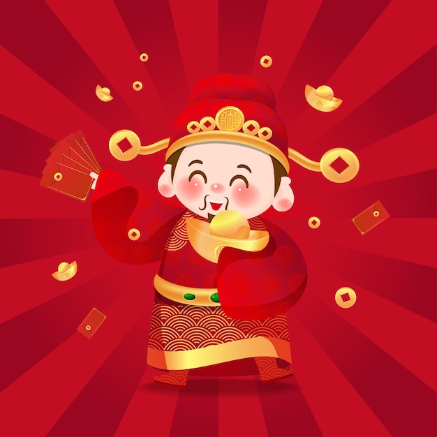 The cute God of Wealth welcomes Chinese New Year