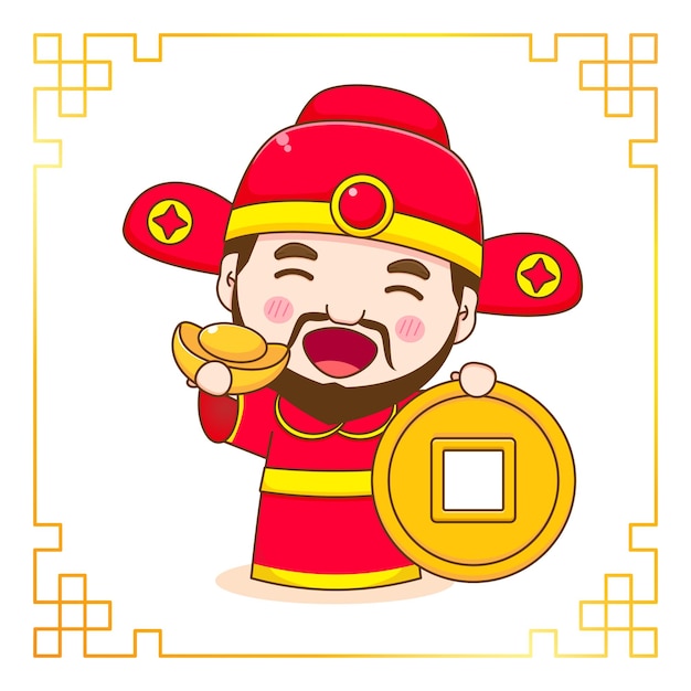 中国の装飾フレームのコインと金のインゴット漫画のキャラクターと富のかわいい神