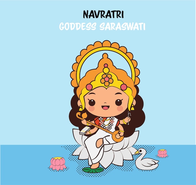인도의 Navratri 축제를위한 귀여운 여신 Saraswati 만화 캐릭터