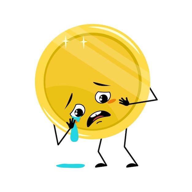 Cute golden coin character with crying and tears emotion sad\
face depressive eyes arms and legs money person with melancholy\
expression and pose vector flat illustration