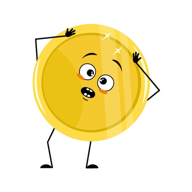 Cute golden coin character with emotions in panic grabs his head surprised face shocked eyes arms and legs Money person with scared expression and pose Vector flat illustration