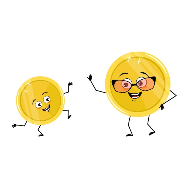 Cute golden coin character with glasses and grandson dancing character with happy emotion joyful face smile eyes arms and legs Money person with expression and pose Vector flat illustration