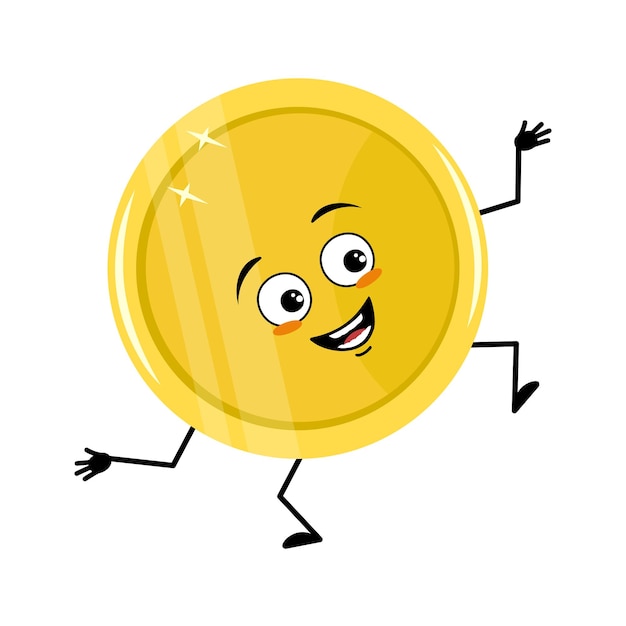 Cute golden coin character with happy emotion joyful face smile eyes arms and legs Money person with funny expression and pose Vector flat illustration