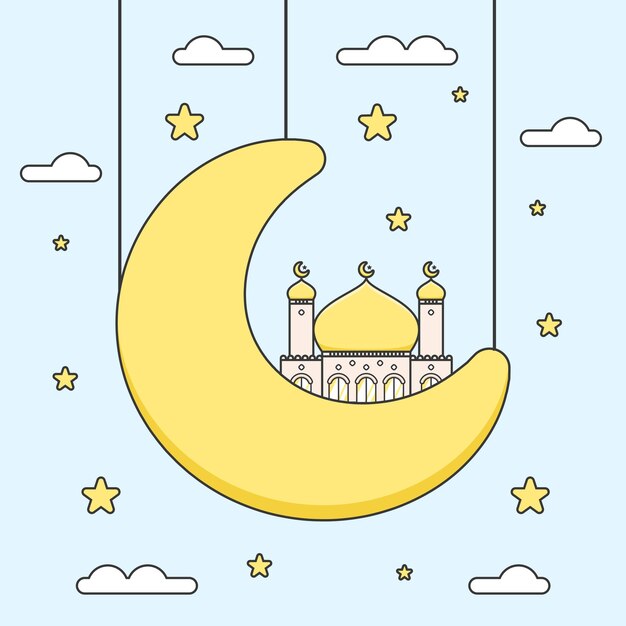 Cute golden dome ramadan mosque on half crescent moon