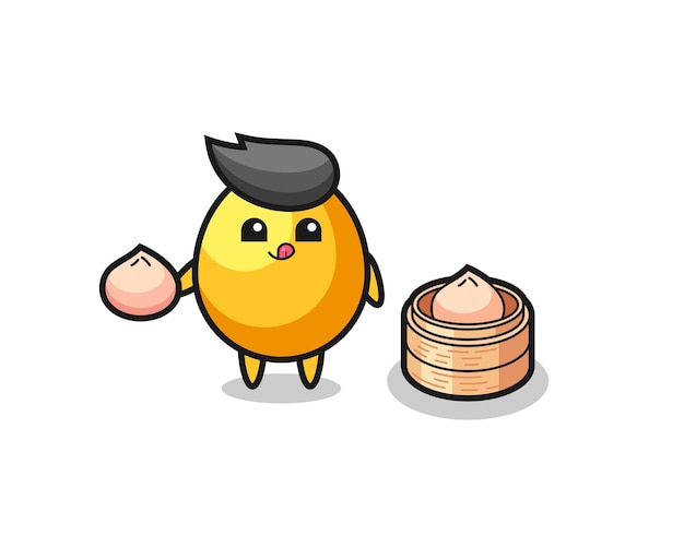 Vector cute golden egg character eating steamed buns