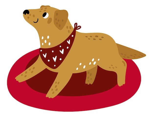 Cute golden retriever lying on red dog bed Happy smiling pet