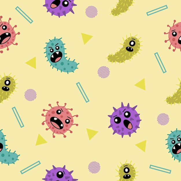 Cute good bacteria blue purple and red seamless pattern wallpaper with design lite yellow