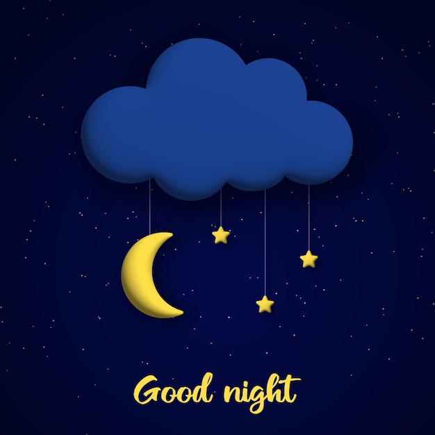 Vector cute good night background with 3d cloud moon and stars square composition