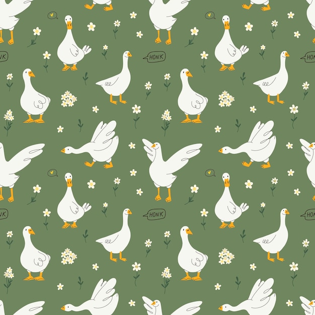 Cute goose seamless pattern Adorable farm birds Vector cartoon flat isolated illustration