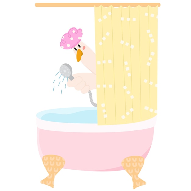 Vector cute goose in shower cap take a shower wash your worries away used for greeting card and poster