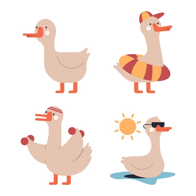 Cute goose vector cartoon characters set isolated on a white background