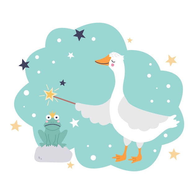 cute goose with magic wand is trying to turn frog into prince charming Fun vector illustration