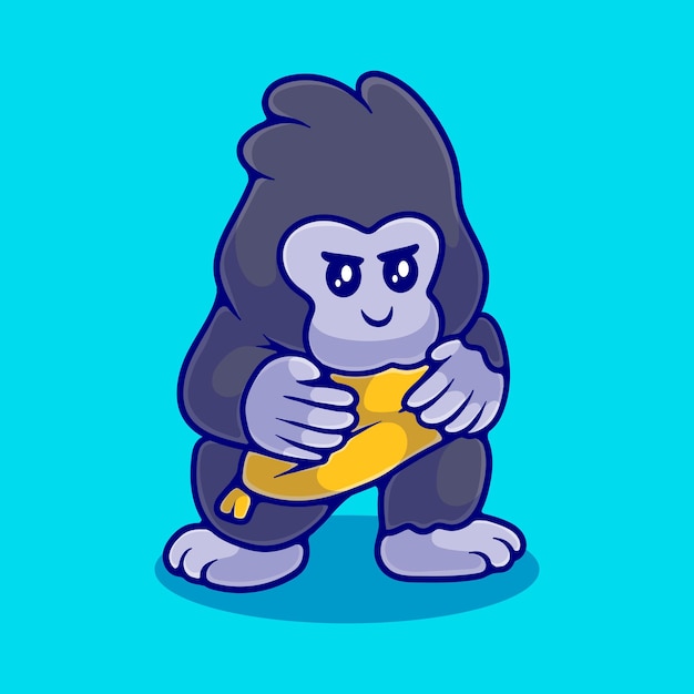 Carino gorilla che mangia banana illustrazione adatta per l'adesivo della mascotte e il design della maglietta