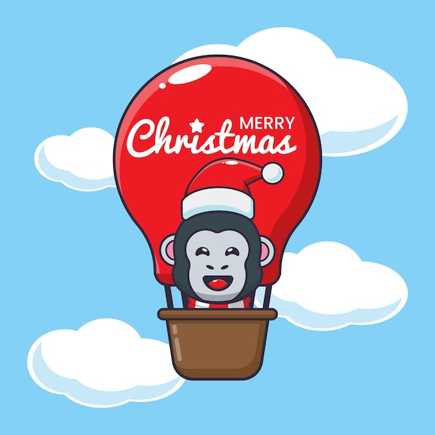 Cute gorilla fly with air balloon. Cute christmas cartoon illustration.